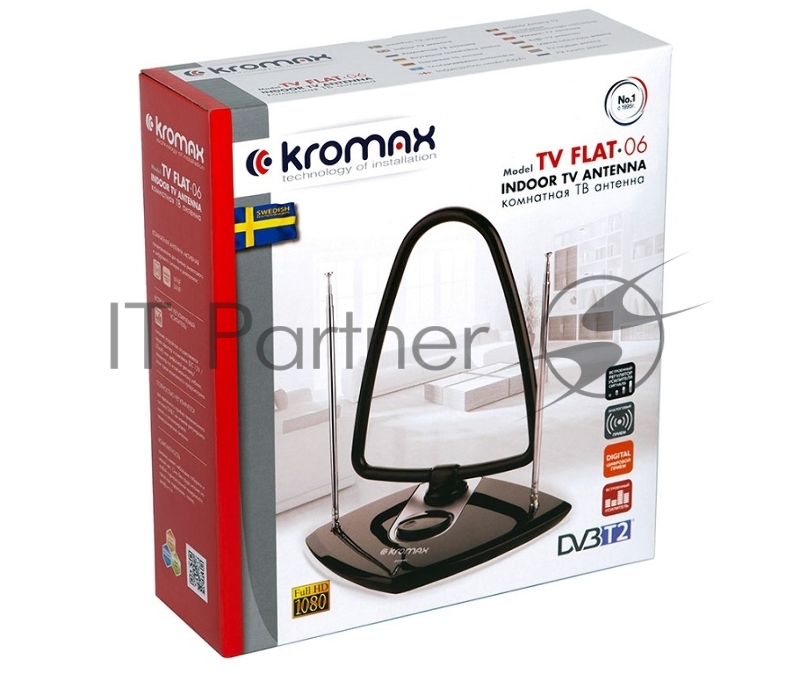 Телевизионная антенна Kromax TV FLAT-06 black Комн. акт. антенна, VHF: 87,5-230 МГц, UHF: 470-860 МГц, коэф. ус 30dB питание: адапт. в комплекте