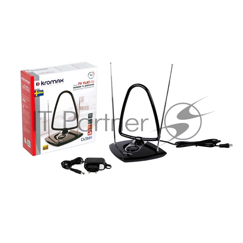 Телевизионная антенна Kromax TV FLAT-06 black Комн. акт. антенна, VHF: 87,5-230 МГц, UHF: 470-860 МГц, коэф. ус 30dB питание: адапт. в комплекте
