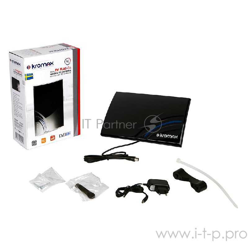 Телевизионная антенна Kromax TV FLAT-05 black Комн. акт. антенна, VHF: 87,5-230 МГц, UHF: 470-860 МГц, коэф. ус 28dB питание: адапт. в комплекте