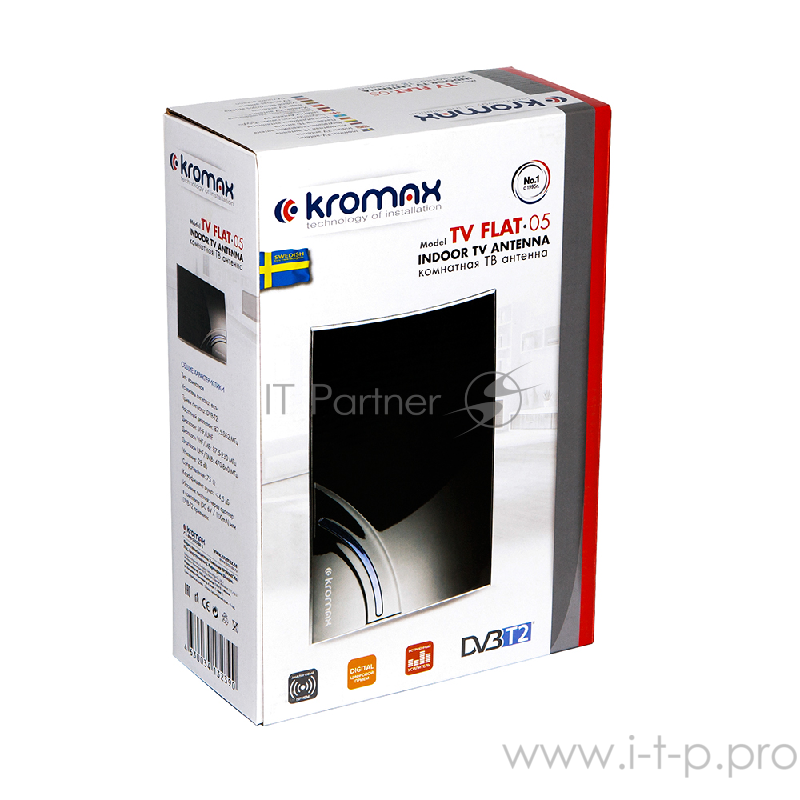 Телевизионная антенна Kromax TV FLAT-05 black Комн. акт. антенна, VHF: 87,5-230 МГц, UHF: 470-860 МГц, коэф. ус 28dB питание: адапт. в комплекте
