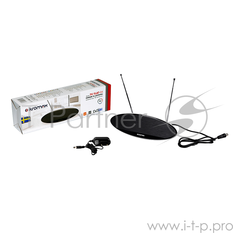 Телевизионная антенна Kromax TV FLAT-04 black Комн. акт. антенна, VHF: 87,5-230 МГц, UHF: 470-860 МГц, коэф. ус 28dB питание: адапт. в комплекте