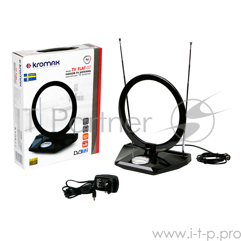 Телевизионная антенна Kromax TV FLAT-07 black Комн. акт. антенна, VHF: 87,5-230 МГц, UHF: 470-860 МГц, коэф. ус 25dB питание: адапт. в комплекте