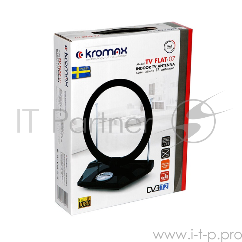 Телевизионная антенна Kromax TV FLAT-07 black Комн. акт. антенна, VHF: 87,5-230 МГц, UHF: 470-860 МГц, коэф. ус 25dB питание: адапт. в комплекте