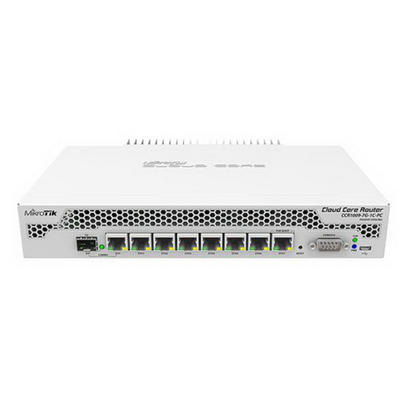 Сетевое оборудование MikroTik CCR1009-7G-1C-PC with Tilera Tile-Gx9 CPU (9-cores, 1Ghz per core), 1GB RAM, 7xGbit LAN, 1x Combo port (1xGbit LAN or SFP), RouterOS L6, passive cooling desktop enclosure, rackmount ears, PSU