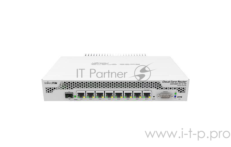Сетевое оборудование MikroTik CCR1009-7G-1C-PC with Tilera Tile-Gx9 CPU (9-cores, 1Ghz per core), 1GB RAM, 7xGbit LAN, 1x Combo port (1xGbit LAN or SFP), RouterOS L6, passive cooling desktop enclosure, rackmount ears, PSU