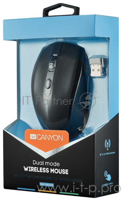 Мышь беспроводная CANYON <CNS-CMSW08G> : (BT/ 2.4GHz), 2.4 GHz / USB 2.0 приемник, dpi 800/1200/1600, матово-зеленая