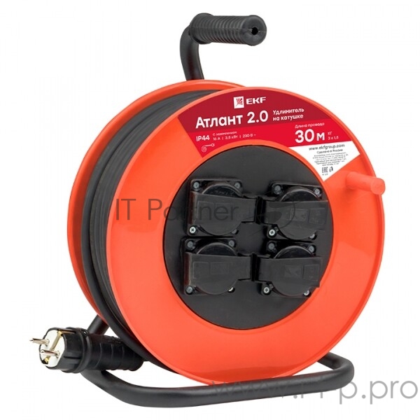 Удлинитель на катушке EKF UKA02-16-315R-4-30-IP44 Атлант 2.0 4 гнезда 30м с заземлением КГ 3*1,5 16А/3,5кВт IP44 PROxima EKF
