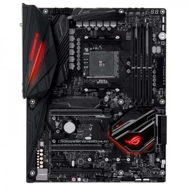 Материнская плата ROG CROSSHAIR VII HERO (WI-FI) материнская плата форм-фактора ATX сокет AM4 чипсет AMD X370 4 слота DDR4 DIMM, 2133-3200 МГц поддержка SLI/CrossFireX разъемы SATA: 6 Гбит/с - 8