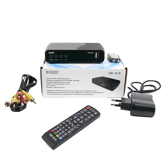 Ресивер эфирный цифровой DVB-T2 HD HD-215 пластик, дисплей DOLBY DIGITAL, Эфир