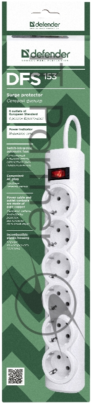 Сетевые фильтры Defender Фильтр DFS 153 3.0 m, 6 розеток, белый 99490