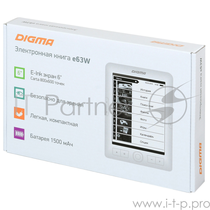 Электронная книга Digma E63W 6 E-Ink Carta 800x600 600MHz/4Gb/microSDHC белый