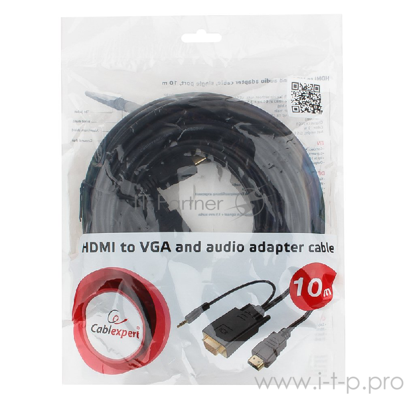Кабель Cablexpert Кабель HDMI-VGA 19M/15M + 3.5Jack, 10м, черный, позол.разъемы, пакет (A-HDMI-VGA-03-10M)