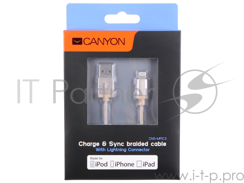 Кабель Lightning/USB ультра-компактный CANYON <CNS-MFIC3GO>, metalic shell, MFI, 1м , золото