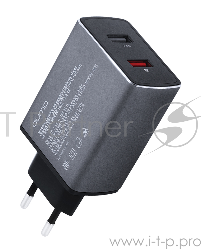 Сетевое зарядное устройство Qumo Charger 0020, 30 Вт, 2USB,1 x QC (AFC, FCP, QC 2.0/3.0), 1 x 2,4A, металл, темно-серый
