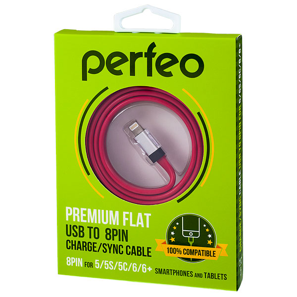 Кабель PERFEO Плоский кабель для iPhone 5/6, USB - 8 PIN (Lightning), красный, длина 1,2 м. (I4501)