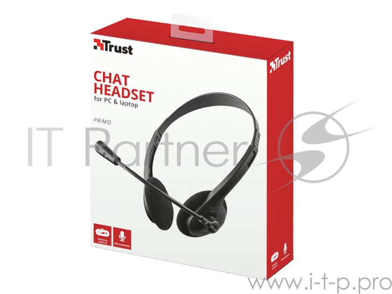 Гарнитура TRUST PRIMO black (гибкий микрофон, регулятор громкости,Mini-jack 3,5 и переходник с разъемом наушники/микрофон для ПК.)