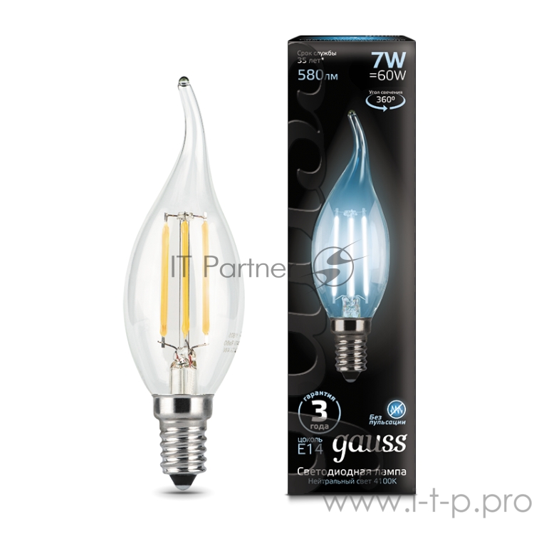 Светодиодная лампа GAUSS 104801207 LED Filament Свеча на ветру E14 7W 580lm 4100К 1/10/50