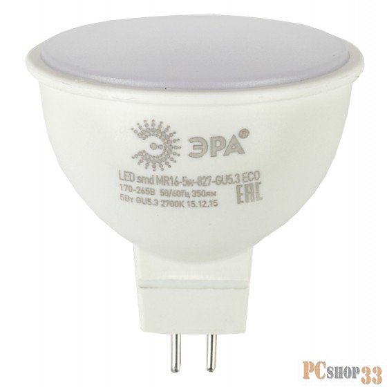 ЭРА Б0020622 ECO LED MR16-5W-827-GU5.3 Лампа ЭРА (диод, софит, 5Вт, тепл, GU5.3)