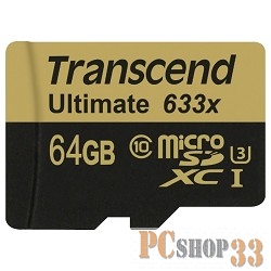 Карта памяти Micro SecureDigital 64Gb Transcend Class 10 TS64GUSDU3 {MicroSDXC Class 10 UHS-I U3, SD adapter}