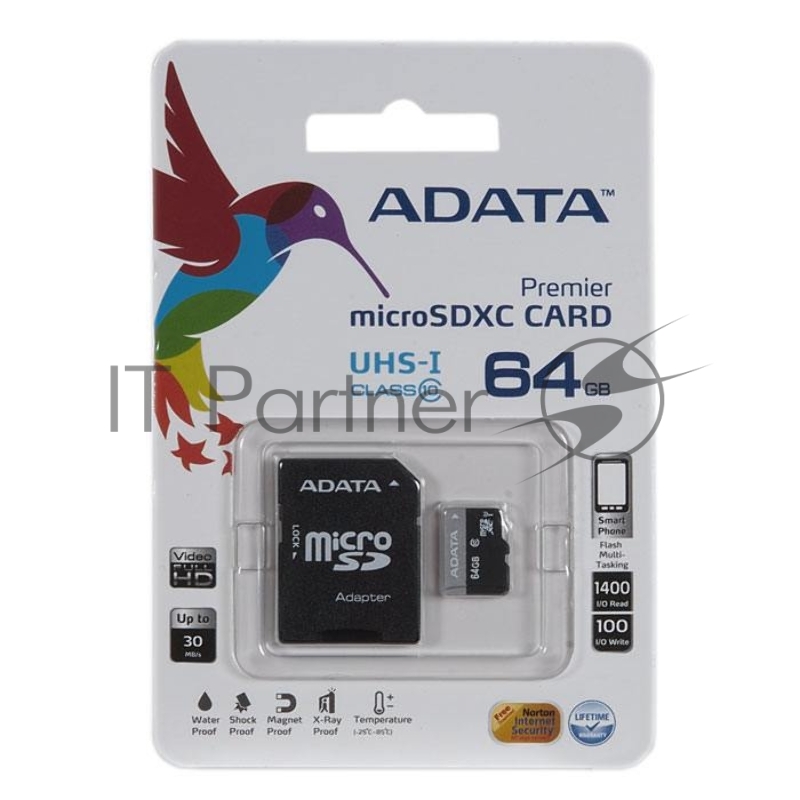 Карта памяти Micro SecureDigital 64Gb A-DATA AUSDX64GUICL10-RA1 {MicroSDXC Class 10 UHS-I, SD adapter}
