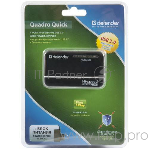 Разветвитель Defender QUADRO Quick USB3.0 - 4 порта, + блок питания DC 5В...2А, + кабель USB 3.0 A(M) - microB (M) - 1м