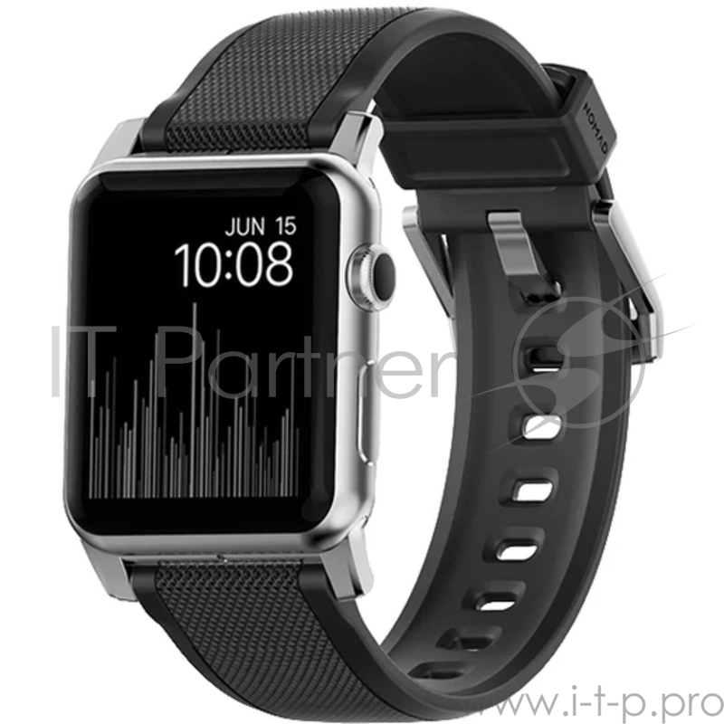 Ремешок Nomad Rugged Strap для Apple Watch 44mm/42mm. Материал силикон. Цвет ремешок черный, застежка серебристый.