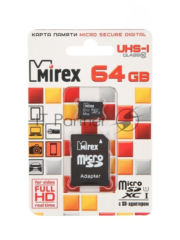Флеш карта microSD 64GB Mirex microSDXC Class 10 UHS-I (SD адаптер)