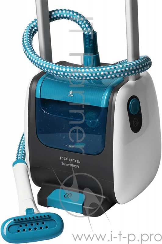 Отпариватель Polaris, PGS 2010RVA б/бирюз, вертикальный 2000Вт, 2,4л, нагрев 30с, 3 режима, устраняет запах и убивает бактерии, непрерывная работа до 50 мин., вешалка с телескопическими плечиками, защитная рукавица, щетка-насадка для чистки одежды, о