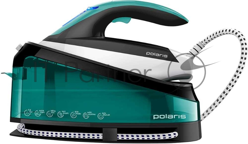 Паровая станция Polaris, PSS 7510K, 3000Вт, объем 1500мл, подошва PRO 5 Ceramic, пар 120г/мин, пар удар 400г/мин, давление 7 бар, автоотключение, антикапля, вертикальное отпаривание, пост подача