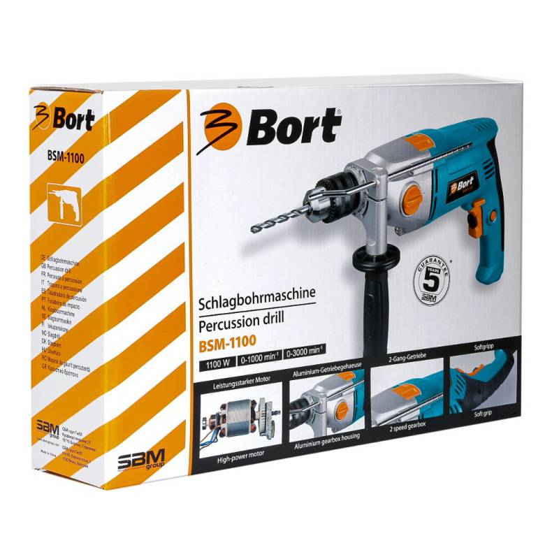 Дрели, Шуруповерты, Гайковерты, Миксеры Bort BSM-1100 Дрель ударная 93726959 { 1100 Вт, 3000 Об/мин, Тип патрона ключевой, 3.1 кг }