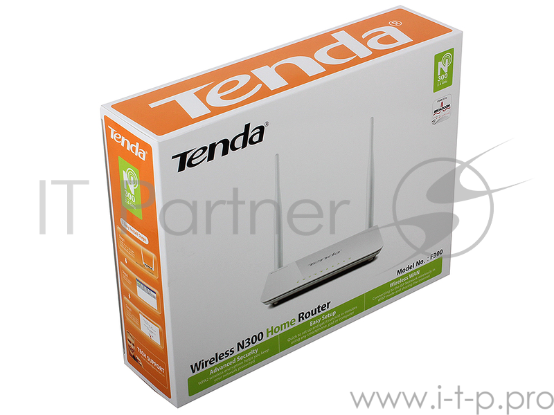 Сетевое оборудование TENDA F300 маршрутизатор 802.11n, до300Мбит/с, 2T2R, LAN: 4х10/100Мбит/с, WAN: 1х10/100Мбит/c, 2 внешние антенны 5дБи.