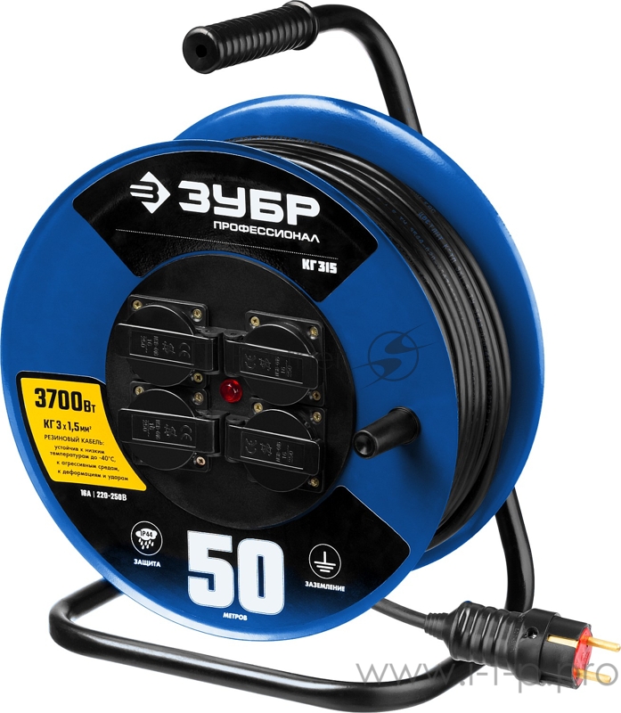 Удлинитель ЗУБР 55080-50 на катушке КГ 315, 50 м, 3700 Вт, 4 гнезда, IP44, КГ 3х1,5 кв мм