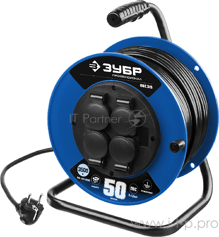 Удлинитель на катушке ЗУБР ПВС 315 55081-50 50 м, 3500 Вт, 4 гнезда, IP44, ПВС 3х1,5мм2