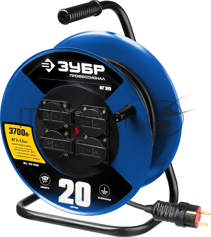 Удлинитель ЗУБР 55080-20 на катушке КГ 315, 20 м, 3700 Вт, 4 гнезда, IP44, КГ 3х1,5 кв мм