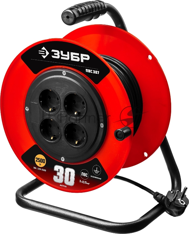 Удлинитель ЗУБР 55083-30 на катушке ПВС 307, 30 м, 2500 Вт, 4 гнезда, ПВС 3х0,75 кв мм