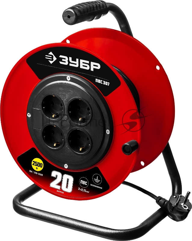 Удлинитель ЗУБР 55083-20 на катушке ПВС 307, 20 м, 2500 Вт, 4 гнезда, ПВС 3х0,75 кв мм