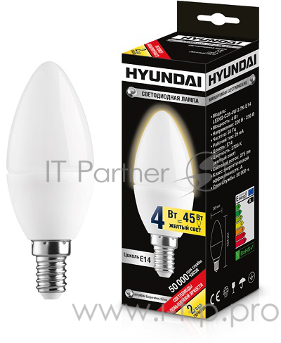 Лампа светодиодная HYUNDAI LED02-C35-4W-2.7K-E14 (теплый свет) серия Candle (уп-ка 20/100шт)