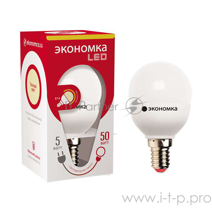 Лампа светодиодная LED ЭКОНОМКА ШАРИК GL45, Eco_LED5wGL45E1430 , 5Вт Е14 230v 3000K (теплый свет)