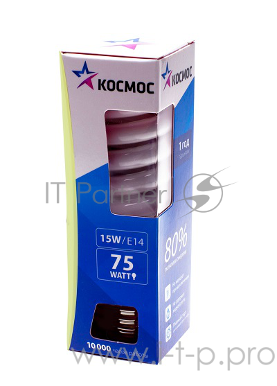 Лампа энергосберегающая Космос SPC15wE1427, 15 Вт, теплый свет, цоколь 14, спираль Т2 ( блок 5 шт, в уп. 100 шт)