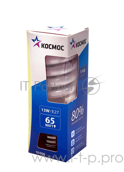 Лампа энергосберегающая Космос SPC13wE2727, 13 Вт, теплый свет, цоколь 27, спираль Т2 ( блок 5 шт, в уп. 100 шт)