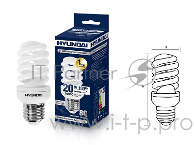 Лампа энергосберегающая HYUNDAI FS/2/10-20W-842-E27, 20Вт, хол. свет, цоколь Е27, спираль Т2