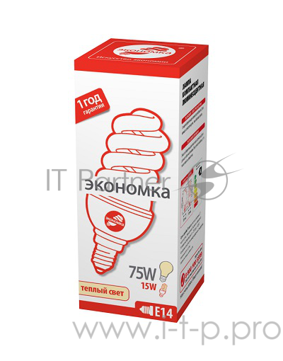 Лампа энергосберегающая ЭКОНОМКА SPC15wE1427eco, 15 Вт, теплый свет, цоколь 14, спираль Т3 ( блок 5 шт, в уп. 100 шт)