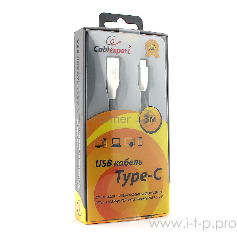Кабель USB 2.0 Cablexpert, AM/Type-C, серия Gold, длина 3м, черный, блистер