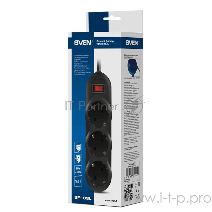 Сетевые фильтры SVEN Фильтр SF-03L 1.8 м (3 евророзетки), черый SV-015022