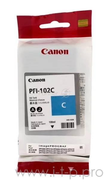 Расходные материалы Canon PFI-102C 0896B001 Картридж для Canon imagePROGRAF iPF605, iPF610., iPF650, iPF655, iPF710, iPF750, iPF755, LP17, iPF510, Голубой, 130 мл.