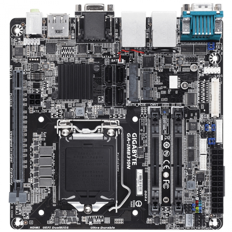 GA-IMB310N, Intel®H310, 2xDDR4-2666 SO-DIMM, D-SUB+HDMI+DP, 1xPCI-Ex16, 4xSATA3, 1xM.2, 6 Ch Audio, 2xGLan, (0+2)xUSB2.0, (4+0)xUSB3.0, 2xCOM, Mini-ITX, RTL {10}