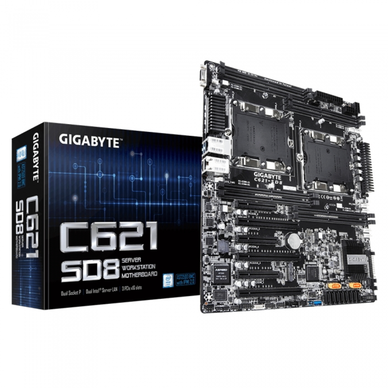GA-C621-SD8 Intel C621 motherboard with Dual LGA 3647 Socket P, Quad-Channel DDR4 RDIMM/LRDIMM 8 x DIMMs, Aspeed® AST2500 BMC, Dual Intel® Server GbE LAN, 3 PCIe x16 slots and 3 PCIe x8 slots for multi cards RTL