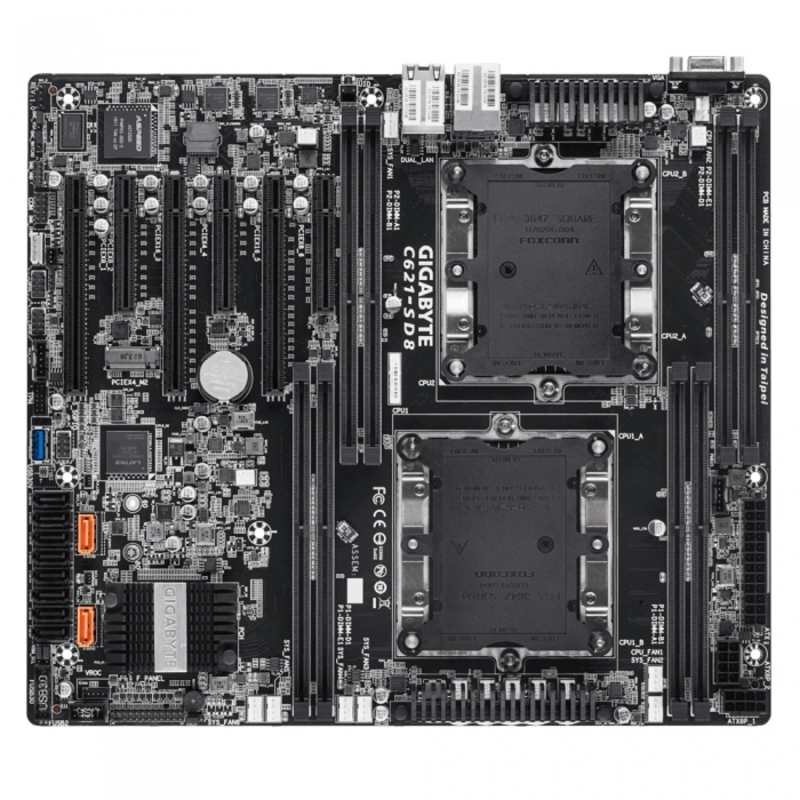 GA-C621-SD8 Intel C621 motherboard with Dual LGA 3647 Socket P, Quad-Channel DDR4 RDIMM/LRDIMM 8 x DIMMs, Aspeed® AST2500 BMC, Dual Intel® Server GbE LAN, 3 PCIe x16 slots and 3 PCIe x8 slots for multi cards RTL