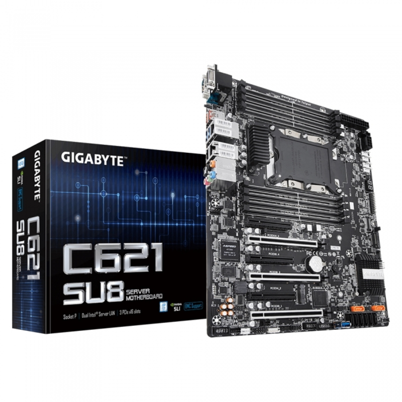 GA-C621-SU8 Intel C621 motherboard with LGA 3647 Socket P, 6-Channel DDR4 RDIMM/LRDIMM 8 x DIMMs, Aspeed® AST2500 BMC, Dual M.2, Dual Intel® Server GbE LAN, 3 PCIe x16 slots and 3 PCIe x8 slots for multi cards RTL
