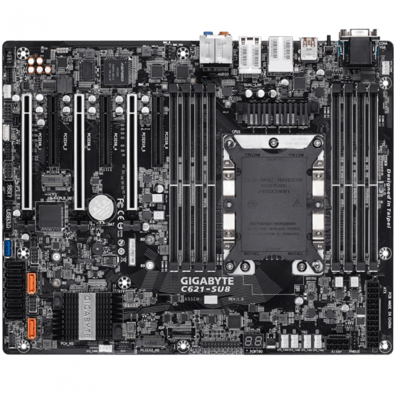 GA-C621-SU8 Intel C621 motherboard with LGA 3647 Socket P, 6-Channel DDR4 RDIMM/LRDIMM 8 x DIMMs, Aspeed® AST2500 BMC, Dual M.2, Dual Intel® Server GbE LAN, 3 PCIe x16 slots and 3 PCIe x8 slots for multi cards RTL